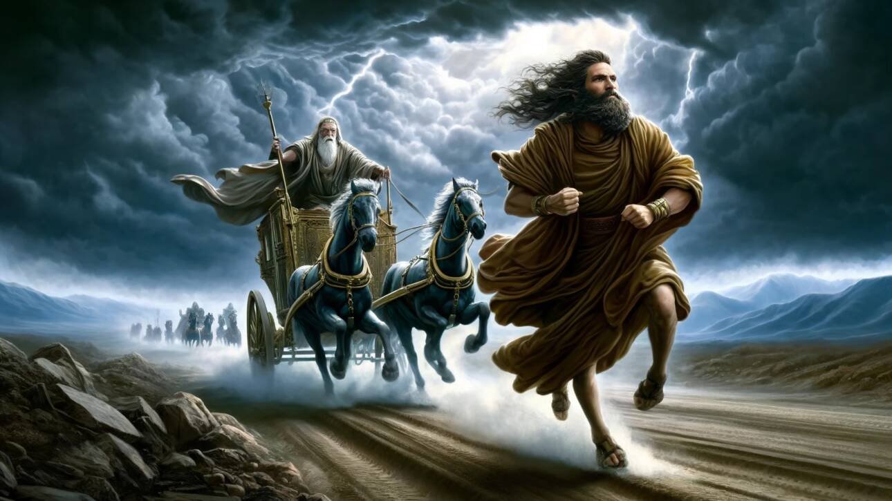 Landscape Version Of Prophet Elijah Outrunning King Ahab’s Chariot From 1 Kings 18:46 (Kjv)