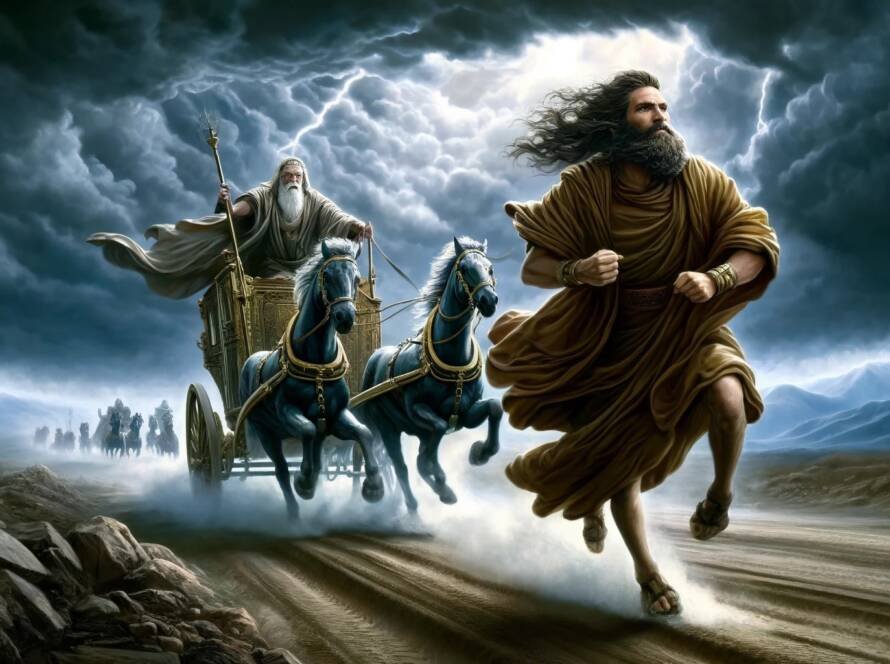 Landscape Version Of Prophet Elijah Outrunning King Ahab’s Chariot From 1 Kings 18:46 (Kjv)